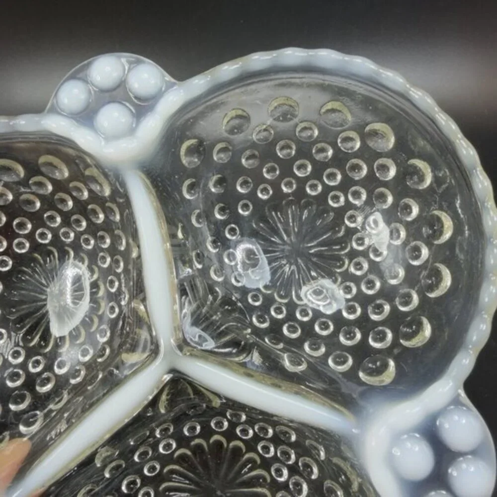 Anchor Hocking Moonstone Clear Opalescent Hobnail Relish Dish 3 Parts Glass Dish